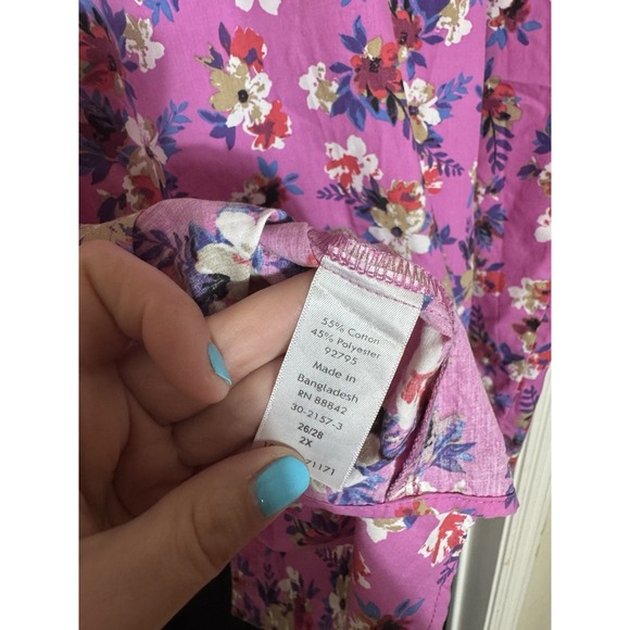 Woman Within Fairy Purple Floral Button Up Top 26 28 Long Sleeve Collared - Picture 6 of 7